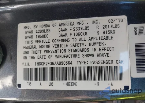 2010 Honda Accord 2.4 Lx из США, поврежденный, VIN 1HGCP2F36AA090564